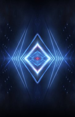 Boş sahne gösterisinin arka planı. Neon mavisi, mor ışık ve lazer gösterisi. Karanlık bir arka planda lazer fütüristik şekiller. Neon parıltısıyla soyut koyu arkaplan