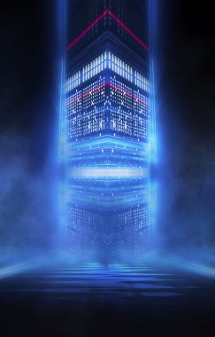 Boş sahne gösterisinin arka planı. Neon mavisi, mor ışık ve lazer gösterisi. Karanlık bir arka planda lazer fütüristik şekiller. Neon parıltısıyla soyut koyu arkaplan