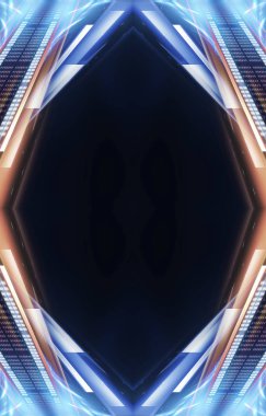 Boş sahne gösterisinin arka planı. Neon mavisi, mor ışık ve lazer gösterisi. Karanlık bir arka planda lazer fütüristik şekiller. Neon parıltısıyla soyut koyu arkaplan