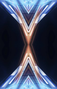 Boş sahne gösterisinin arka planı. Neon mavisi, mor ışık ve lazer gösterisi. Karanlık bir arka planda lazer fütüristik şekiller. Neon parıltısıyla soyut koyu arkaplan