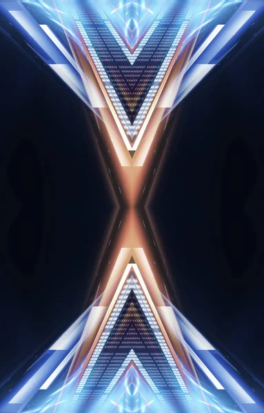 Boş sahne gösterisinin arka planı. Neon mavisi, mor ışık ve lazer gösterisi. Karanlık bir arka planda lazer fütüristik şekiller. Neon parıltısıyla soyut koyu arkaplan