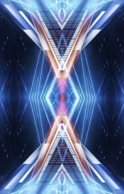 Boş sahne gösterisinin arka planı. Neon mavisi, mor ışık ve lazer gösterisi. Karanlık bir arka planda lazer fütüristik şekiller. Neon parıltısıyla soyut koyu arkaplan