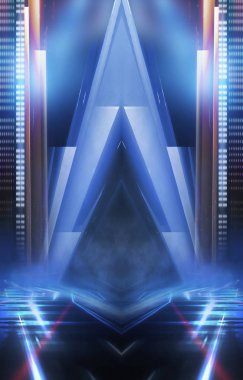 Boş sahne gösterisinin arka planı. Neon mavisi, mor ışık ve lazer gösterisi. Karanlık bir arka planda lazer fütüristik şekiller. Neon parıltısıyla soyut koyu arkaplan