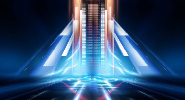 Boş sahne gösterisinin arka planı. Neon mavisi, mor ışık ve lazer gösterisi. Karanlık bir arka planda lazer fütüristik şekiller. Neon parıltısıyla soyut koyu arkaplan