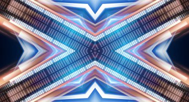 Boş sahne gösterisinin arka planı. Neon mavisi, mor ışık ve lazer gösterisi. Karanlık bir arka planda lazer fütüristik şekiller. Neon parıltısıyla soyut koyu arkaplan