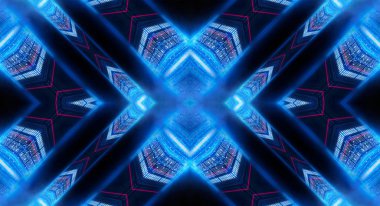 Boş sahne gösterisinin arka planı. Neon mavisi, mor ışık ve lazer gösterisi. Karanlık bir arka planda lazer fütüristik şekiller. Neon parıltısıyla soyut koyu arkaplan