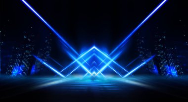 Boş sahne gösterisinin arka planı. Neon mavisi, mor ışık ve lazer gösterisi. Karanlık bir arka planda lazer fütüristik şekiller. Neon parıltısıyla soyut koyu arkaplan
