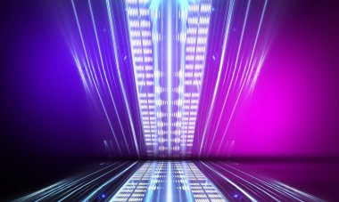 Ultraviyole soyut ışık. Diyot bant, ışık hattı. Violet ve pembe gradyan. Modern arka plan, neon ışık. Boş sahne, spot ışıkları, neon ışıklar. Soyut ışık.