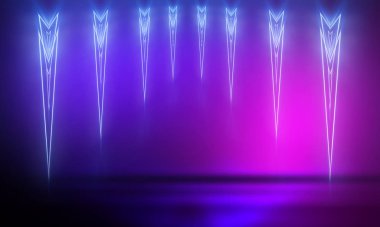 Ultraviyole soyut ışık. Diyot bant, ışık hattı. Violet ve pembe gradyan. Modern arka plan, neon ışık. Boş sahne, spot ışıkları, neon ışıklar. Soyut ışık.