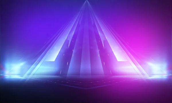 紫外線抽象的な光 ダイオードテープライトラインバイオレットとピンクのグラデーション 現代の背景ネオンライト空のステージスポットライトネオン概要光 — ストック写真