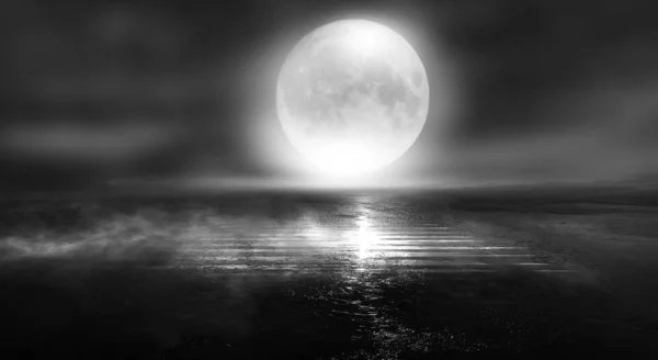 Dramatic Black White Background Cloudy Night Sky Moonlight Reflection Pavement — 스톡 사진