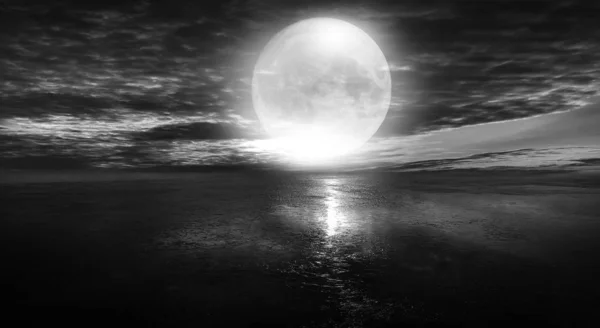 Drámai Fekete Fehér Háttér Felhős Éjszakai Égbolt Holdfény Tükröződés Járdán — Stock Fotó