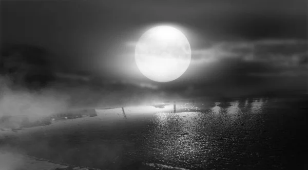 Dramatic Black White Background Cloudy Night Sky Moonlight Reflection Pavement — Stock Photo, Image