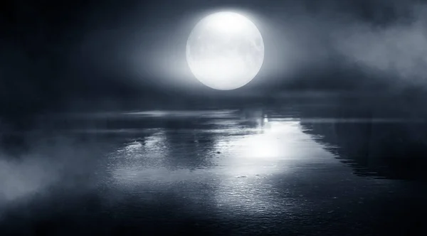 Dramatic Black White Background Cloudy Night Sky Moonlight Reflection Pavement — 스톡 사진