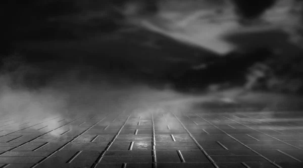 Dramatic Black White Background Cloudy Night Sky Moonlight Reflection Pavement — Stock Photo, Image