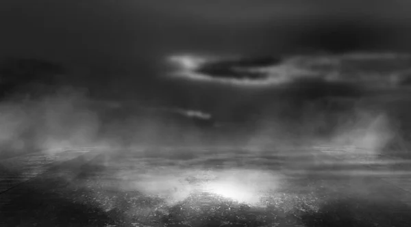 Dramatic black and white background. Cloudy night sky, moonlight, reflection on the pavement. Smoke and fog on a dark street at night. Night futuristic landscape, cold night.