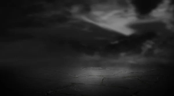 劇的黒と白の背景 曇り空 月明かり 舗装上の反射 煙と霧の暗い通りで夜 夜の未来的な風景 寒い夜 — ストック写真