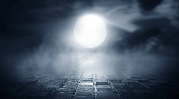 Dramatic Black White Background Cloudy Night Sky Moonlight Reflection Pavement — Stock Photo, Image