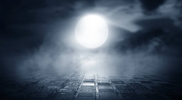 Dramatik siyah beyaz arka plan. Bulutlu gece gökyüzü, ay ışığı, kaldırımda yansıma. Gece karanlık bir sokakta duman ve sis. Gece fütüristik manzara, soğuk gece.