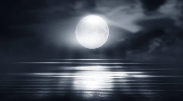 Dramatic Black White Background Cloudy Night Sky Moonlight Reflection Pavement — 스톡 사진