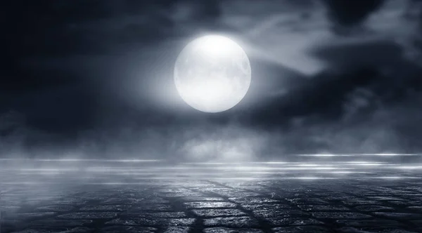 Dramatic Black White Background Cloudy Night Sky Moonlight Reflection Pavement — 스톡 사진