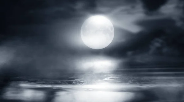 Dramatic Black White Background Cloudy Night Sky Moonlight Reflection Pavement — 스톡 사진