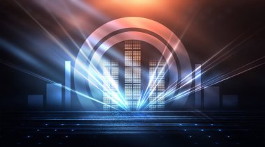 Boş gösteri sahnesinin arkaplanı. Boş karanlık modern soyut neon arkaplan. Boş bir sahnede neon ışıkları, diyotlar, ışınlar ve çizgiler. Gece şehrin ışıkları..