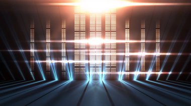 Boş gösteri sahnesinin arkaplanı. Boş karanlık modern soyut neon arkaplan. Boş bir sahnede neon ışıkları, diyotlar, ışınlar ve çizgiler. Gece şehrin ışıkları..