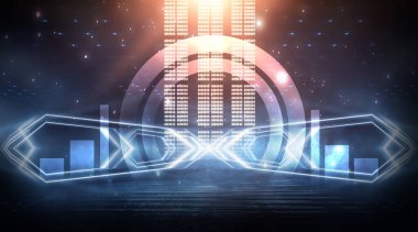 Boş gösteri sahnesinin arkaplanı. Boş karanlık modern soyut neon arkaplan. Boş bir sahnede neon ışıkları, diyotlar, ışınlar ve çizgiler. Gece şehrin ışıkları..