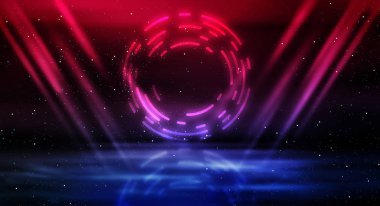 Dark futuristic scene with a geometric figure cyber circle in the center. Neon abstract background, futuristic landscape.