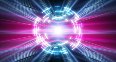 Dark futuristic scene with a geometric figure cyber circle in the center. Neon abstract background, futuristic landscape.