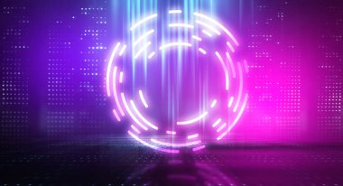 Dark futuristic scene with a geometric figure cyber circle in the center. Neon abstract background, futuristic landscape.