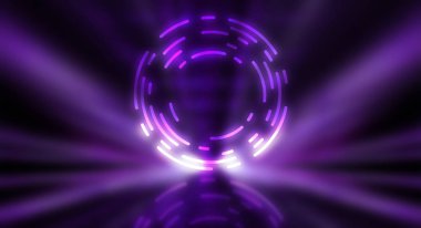 Dark futuristic scene with a geometric figure cyber circle in the center. Neon abstract background, futuristic landscape.