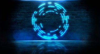 Dark futuristic scene with a geometric figure cyber circle in the center. Neon abstract background, futuristic landscape.