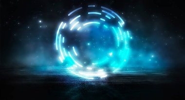 Dark futuristic scene with a geometric figure cyber circle in the center. Neon abstract background, futuristic landscape.