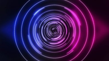 Karanlık fütürist neon arka plan. Işık merkezi, neon daire. Işınlar ve çizgiler, geometrik şekiller.