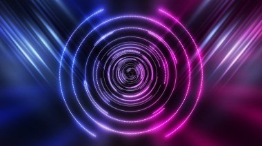 Karanlık fütürist neon arka plan. Işık merkezi, neon daire. Işınlar ve çizgiler, geometrik şekiller.