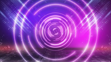 Karanlık fütürist neon arka plan. Işık merkezi, neon daire. Işınlar ve çizgiler, geometrik şekiller.