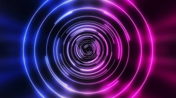 Karanlık fütürist neon arka plan. Işık merkezi, neon daire. Işınlar ve çizgiler, geometrik şekiller.