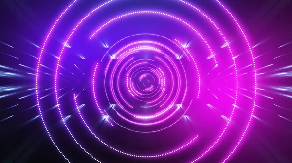 Karanlık fütürist neon arka plan. Işık merkezi, neon daire. Işınlar ve çizgiler, geometrik şekiller.
