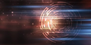 Karanlık teknoloji soyut arka plan ve neon parıltısı. Soyut arkaplanda siber çember lazer figürü. Karanlık soyut fütüristik arka plan. Sahnenin ortasındaki siber çemberin geometrik şekli. 