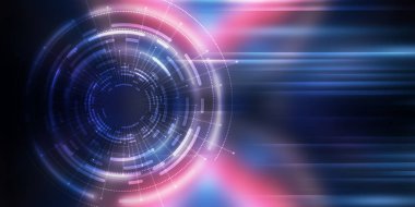 Karanlık teknoloji soyut arka plan ve neon parıltısı. Soyut arkaplanda siber çember lazer figürü. Karanlık soyut fütüristik arka plan. Sahnenin ortasındaki siber çemberin geometrik şekli. 