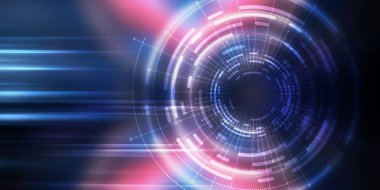 Karanlık teknoloji soyut arka plan ve neon parıltısı. Soyut arkaplanda siber çember lazer figürü. Karanlık soyut fütüristik arka plan. Sahnenin ortasındaki siber çemberin geometrik şekli. 