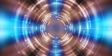 Karanlık teknoloji soyut arka plan ve neon parıltısı. Soyut arkaplanda siber çember lazer figürü. Karanlık soyut fütüristik arka plan. Sahnenin ortasındaki siber çemberin geometrik şekli. 