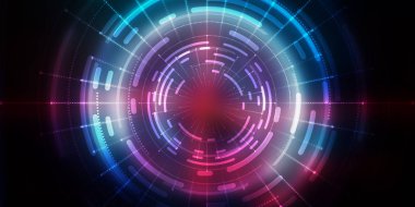 Karanlık teknoloji soyut arka plan ve neon parıltısı. Soyut arkaplanda siber çember lazer figürü. Karanlık soyut fütüristik arka plan. Sahnenin ortasındaki siber çemberin geometrik şekli. 