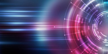 Karanlık teknoloji soyut arka plan ve neon parıltısı. Soyut arkaplanda siber çember lazer figürü. Karanlık soyut fütüristik arka plan. Sahnenin ortasındaki siber çemberin geometrik şekli. 