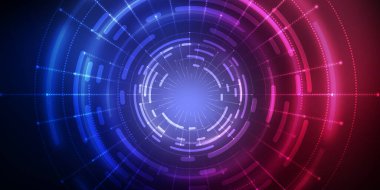Karanlık teknoloji soyut arka plan ve neon parıltısı. Soyut arkaplanda siber çember lazer figürü. Karanlık soyut fütüristik arka plan. Sahnenin ortasındaki siber çemberin geometrik şekli. 