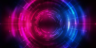 Karanlık teknoloji soyut arka plan ve neon parıltısı. Soyut arkaplanda siber çember lazer figürü. Karanlık soyut fütüristik arka plan. Sahnenin ortasındaki siber çemberin geometrik şekli. 