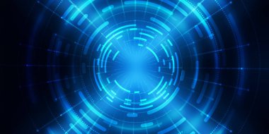 Karanlık teknoloji soyut arka plan ve neon parıltısı. Soyut arkaplanda siber çember lazer figürü. Karanlık soyut fütüristik arka plan. Sahnenin ortasındaki siber çemberin geometrik şekli. 