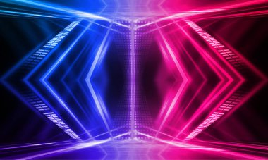 Karanlık soyut fütüristik arka plan. Neon hatları parlıyor. Neon hatları, şekiller. Pembe-mavi parıltı. Boş Sahne Arkaplanı